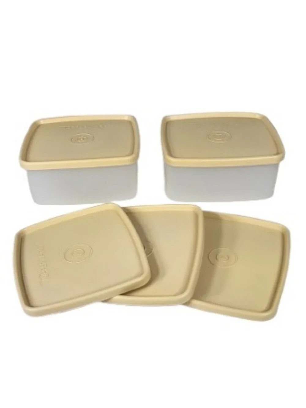 Tupperware 2 Clear Square Food Storage Container with 5 Almond Lids #311-55 & 54